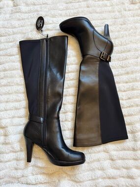 Alfani Black Leather Knee-High Heeled Boots with Buckle